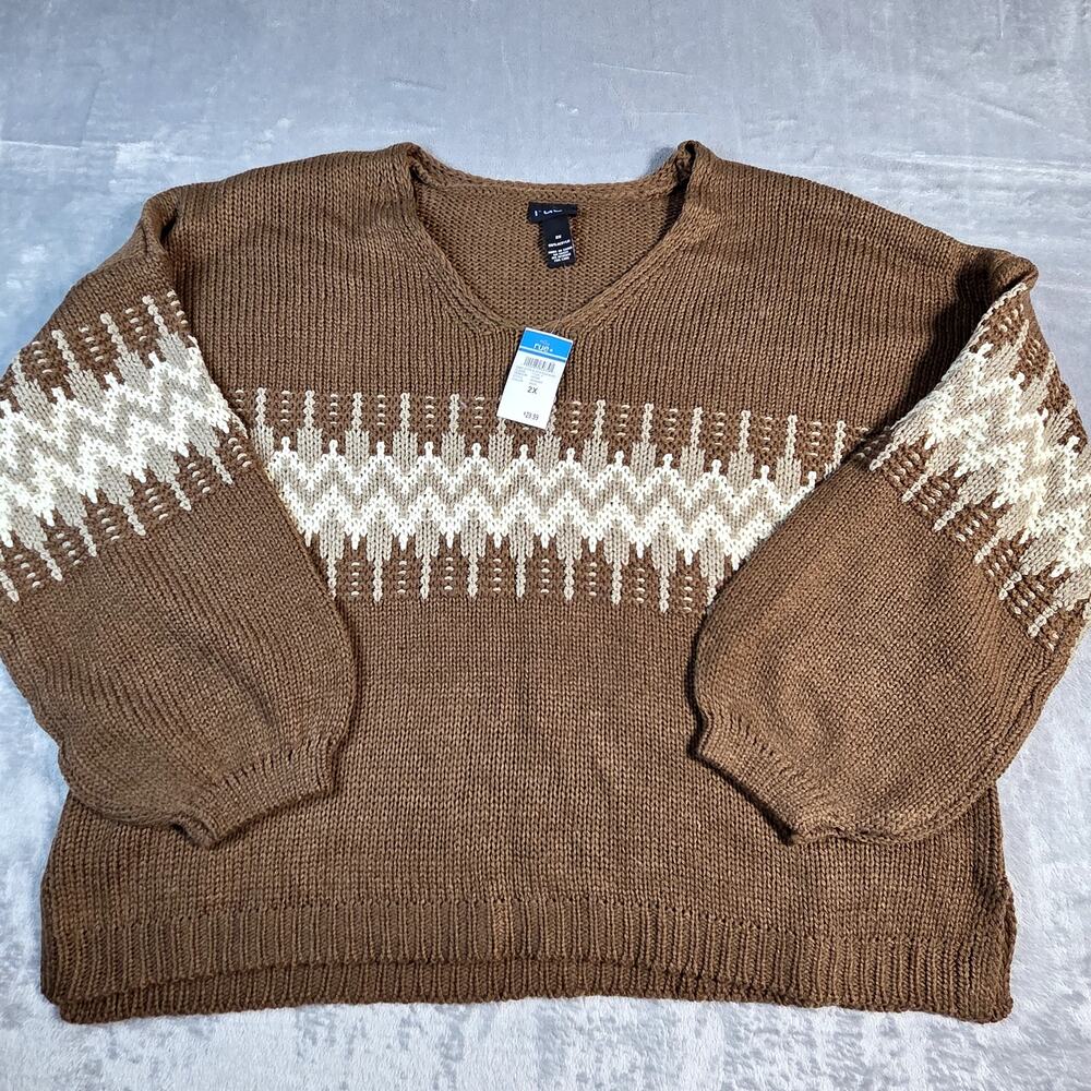 NWT Rue 21 + Brown and Cream V-neck Soft Sweater Sz 2X